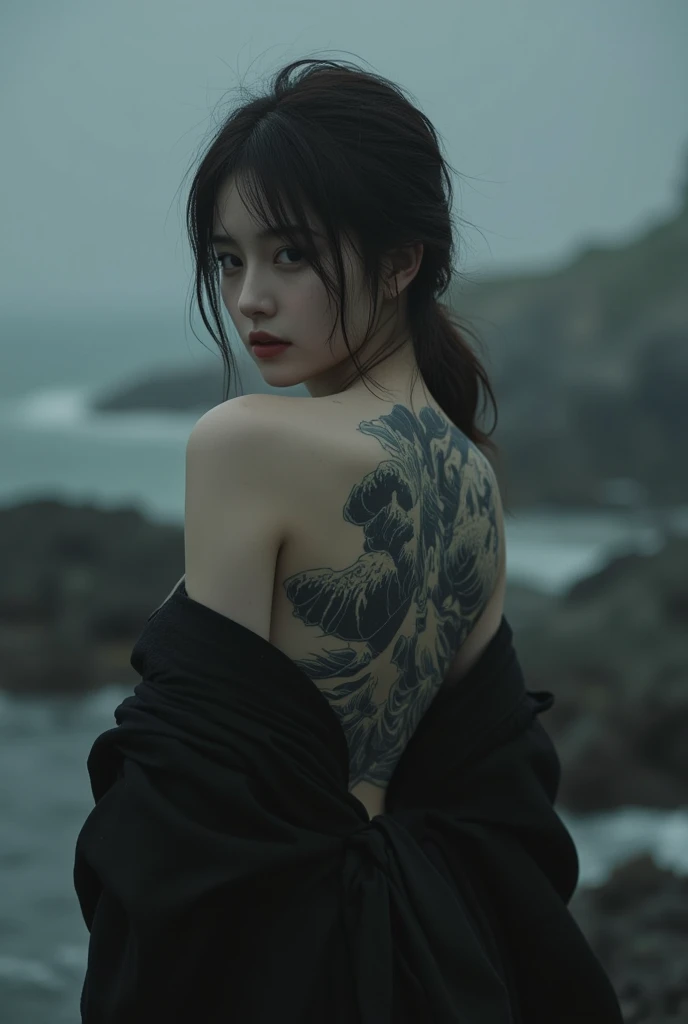 A mysterious Japanese woman with wet, tousled hair, wearing a loose robe hanging off one shoulder, exposing a large, intricate tattoo of a crane and waves covering her back.