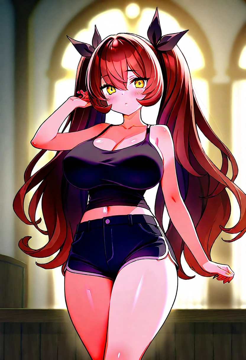captivatingly beautiful woman, goth hairstyle, golden eyes, full lips, goth, cotton top, booty shorts, curvy, large breasts, porcelain skin, deep cleavage, solo, goth punk, modern, light blush, confident, standing, simple gradient colored background, red hair