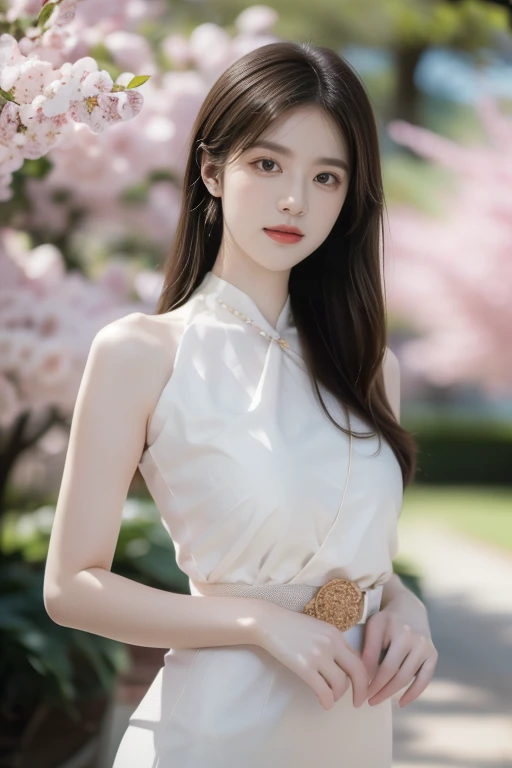 (masutepiece), Best Quality, High resolution, Ultra-detailed, character close-up, Beautiful white dress in Chinese style, chinese elegant dresses, exquisitedetails, Beautiful and elegant cheongsam, Colorful and shiny, Dress Floating, Dramatic Angle, Close Natural (close-up), Koi, Warm colors like sunlight focus personal warm, champagne, Details are highlighted, Extra Long Ribbon, Open, Full body, Many detailed elements, Pink petals, Sunlight on the skin, Glorious, hair pin, hydrangeas, Ladyfinger.