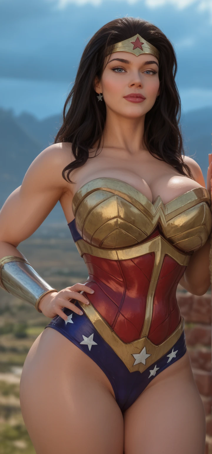 a close up of a woman in a wonder costume posing for a picture, wonder woman, portrait of wonder woman, sexy painting of gal gadot, extremely detailed artgerm, as seen on artgerm, artgerm comic, trending artgerm, artgerm style, dressed as wonder woman, bodybuilder superhero bikini, ig model | artgerm très grosse paire de seins