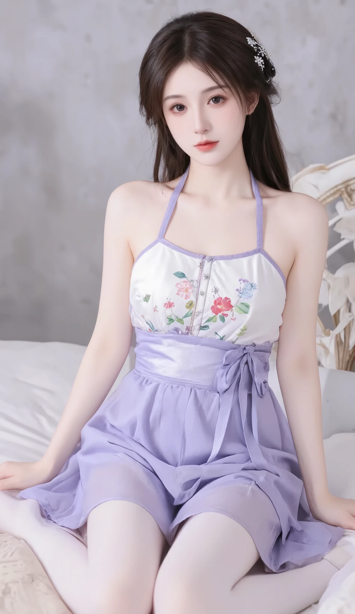 1 beautiful girl, [[ eyes, 白flower, ribbon, Chest, 白色 Chinese clothing , Chinese clothing , skirt, flower, Gradient , Gradient background, embroidered ball flower, Watch the audience, small Chest, white pantyhose, Single, thigh 连裤袜