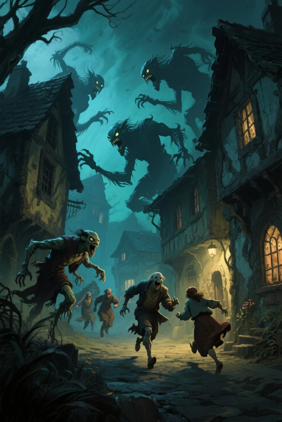 A group of horrible wide-bodied creatures terrorizing the town, Everything is about the Middle Ages, the creatures spit out the letter U