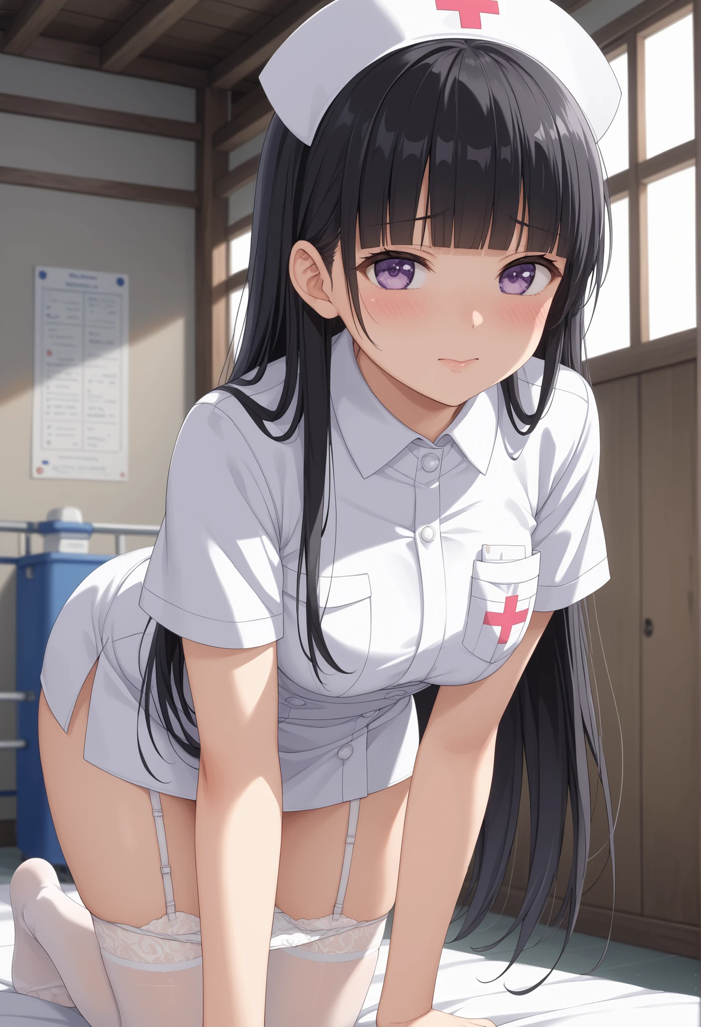 hospital,scowling face,cowboy shot,thin legs,standing,young woman,toll,skinny girl,front shot,small breast,long twin tails,black hair,pink_colored_panty,panty under pantyhose,white colored nurse uniform,white colored low high-heel,burst out skirt,up skirt,panty shot,from below,multiple views,spotted panty,ground level shot,mtu,mtu virus,mtu shot,dirty_panty