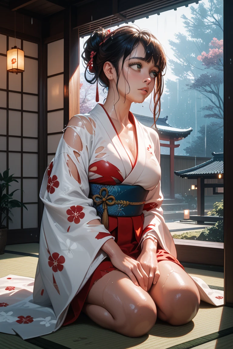 ((最high quality, 8K, masterpiece: 1.3, Ultra HD, high quality, 最high quality, High resolution, realism)) 、A stunningly beautiful 22-year-old Japanese woman、hair color is black、black eye、medium hair、straight hair、smile、Slender but well-proportioned, slim and muscular body、Athlete-like body type、I don&#39;t want my head to disappear from the screen.、Wearing red nail polish、I have a peticure、Sitting on the veranda of a Japanese house in the Japanese countryside、It&#39;s summer、A wind chime is hung in front of the eaves.、barefoot、Eating watermelon、A courtyard spreads out in front of the verandah.、wear a yukata