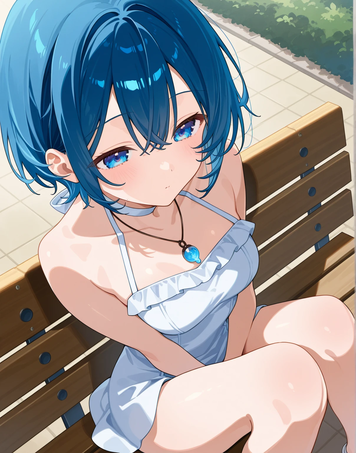 Girl、Blue hair short、bikini、Embarrassed