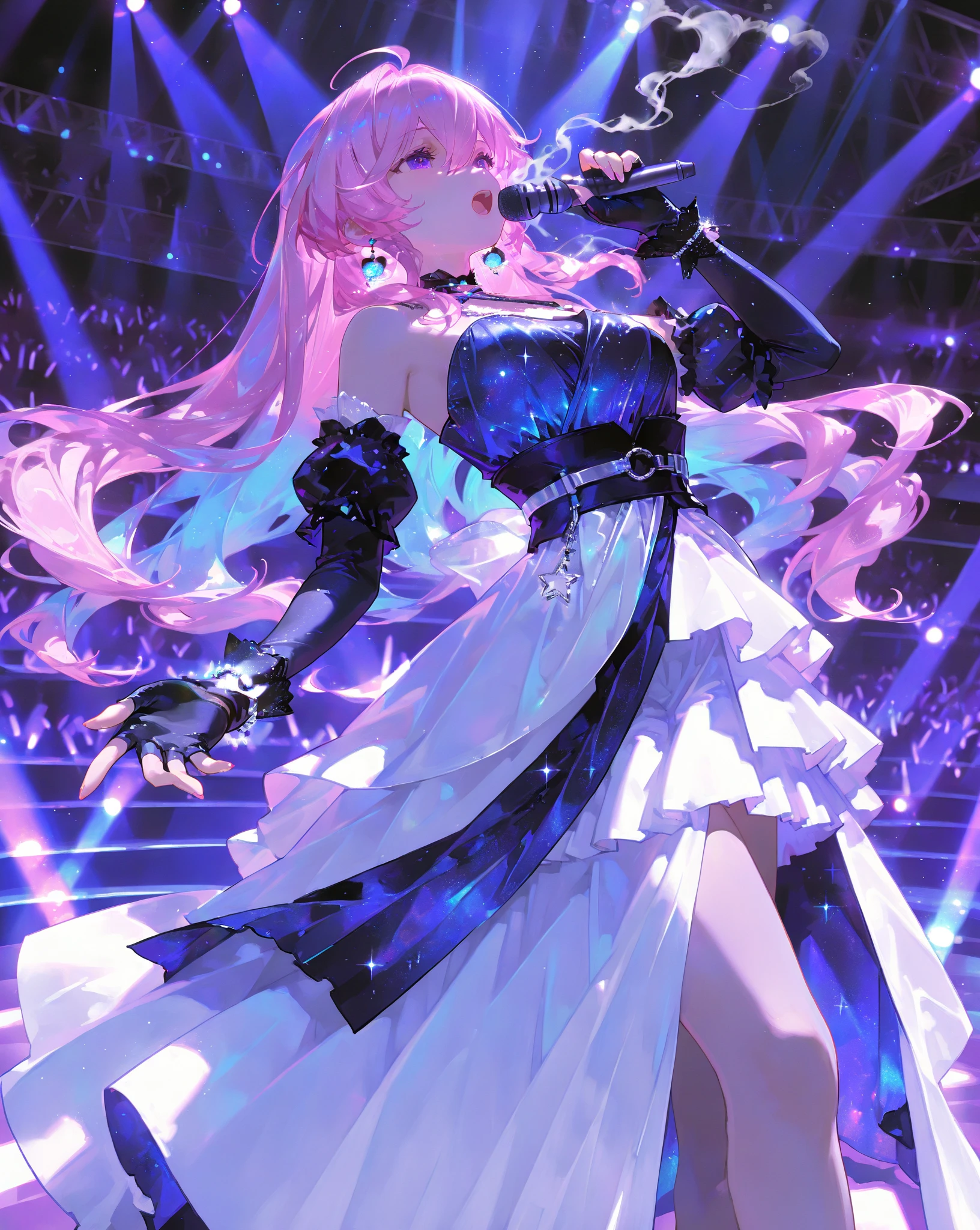 Illustration, cinematic light, high resolution, best quality, ultra detailed, detailed face, (detailed eyes), highest quality, ultra detailed, masterpiece, (detailed face), pretty face, best smile, sexy mature woman transparent (ultra-detailed embroidery and ribbons, idol outfit: 1.5), ruffled miniskirt, cloth, choker, open cloth, NSFW, high heels, blue eyes, neon small shiny hair edges, AI fantasy concert, glowing lighting with neon details, idol, (live stage: 1.15), (holding the microphone in left hand singing: 15), singing with butt sticking out: 5, (to a packed audience in the background), light reflection, heart-shaped iris, playful eyes, open shoulders, (wet body), small glowing butterfly, hair jewelry, panties, cute panties: 1.5