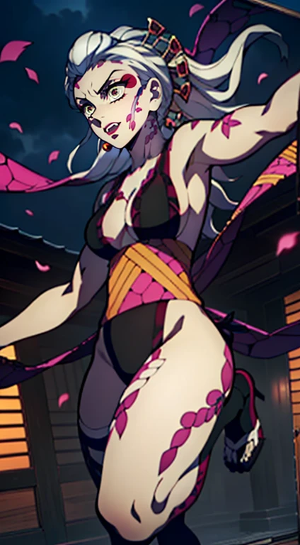 perfect anime, high quality, 1 girl, solo, one women, daki, demon slayer, (show tits),pink nipples, (naked), big tits, huge boobs, fight pose, night light view, moon red, cherry trees, look a viewers, show boobs