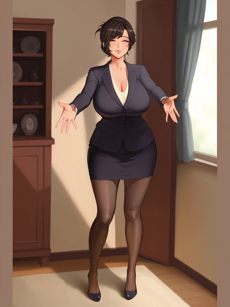 (highres, high quality:1.2), intricate details, cinematic lighting, ambient occlusion,
KuroseKatsuko, 1girl, solo, mature female, full body, looking at viewer, looking at viewer, standing, imminent kiss, blush, outstretched arms, (incoming hug:1.2), reaching towards viewer, indoors, room, window, sunny weather, tree, complex background,
happy, (blush:1.1), open mouth,
brown hair, short hair, blunt bang, hair bun, ribbon, makeup, lipstick, eyelashes, brown eyes, detailed eyes, glasses, perfect face,
suit, jacket, skirt, black pantyhose, court shoes,
thighs, curvy, large breasts, cleavage,
<lora:KuroseKatsuko:0.83>