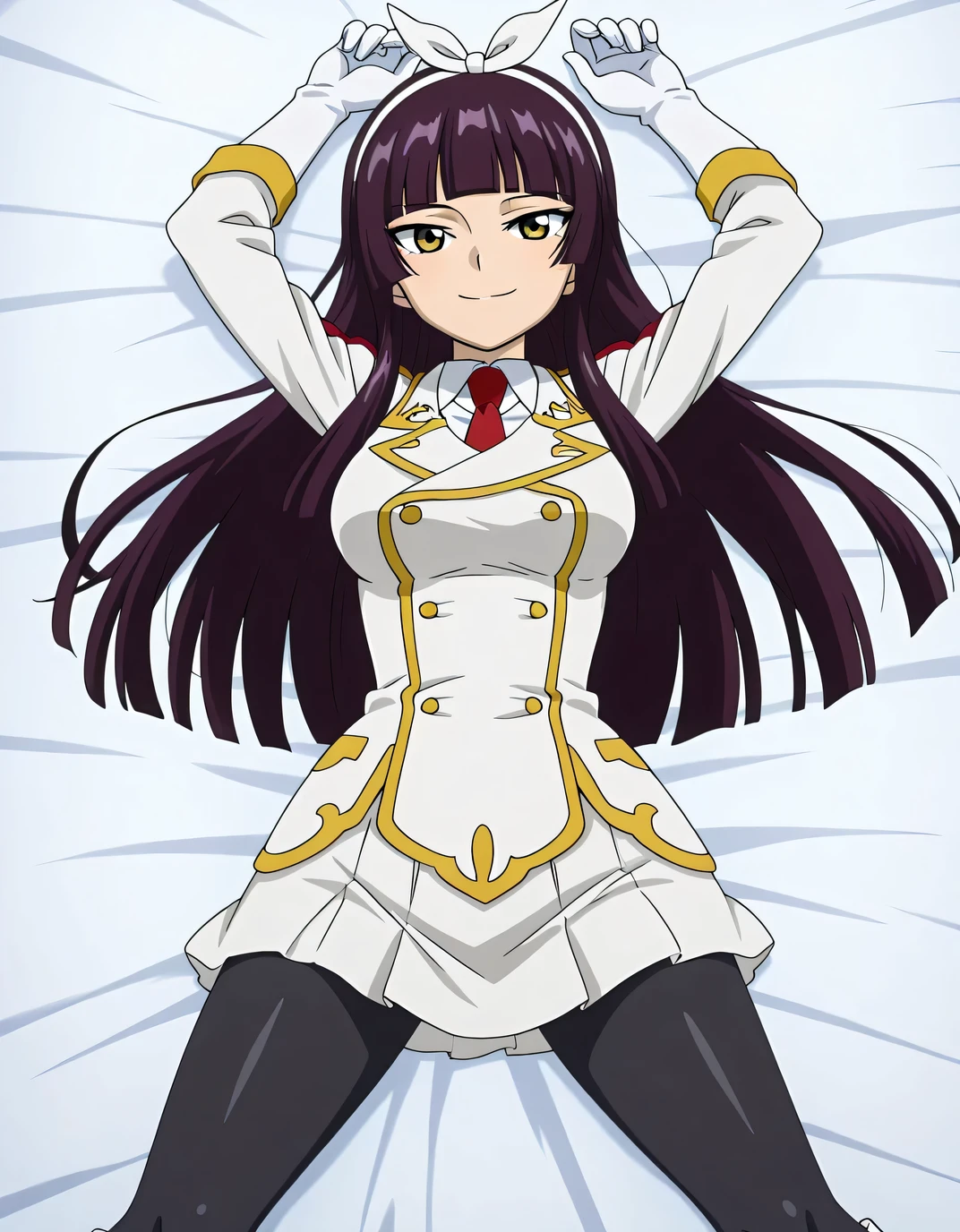 kaguramikazuchi, 1girl, long hair, hime cut, purple hair, yellow eyes, , pantyhose, gloves, skirt, uniform, necktie, knee boots, white gloves, hairband, black pantyhose, military uniform, anime screencap, shiny skin, solo, lying, on back, arms up, , closed mouth, on bed, from above, cowboy shot, looking at viewer, smile, high quality,
