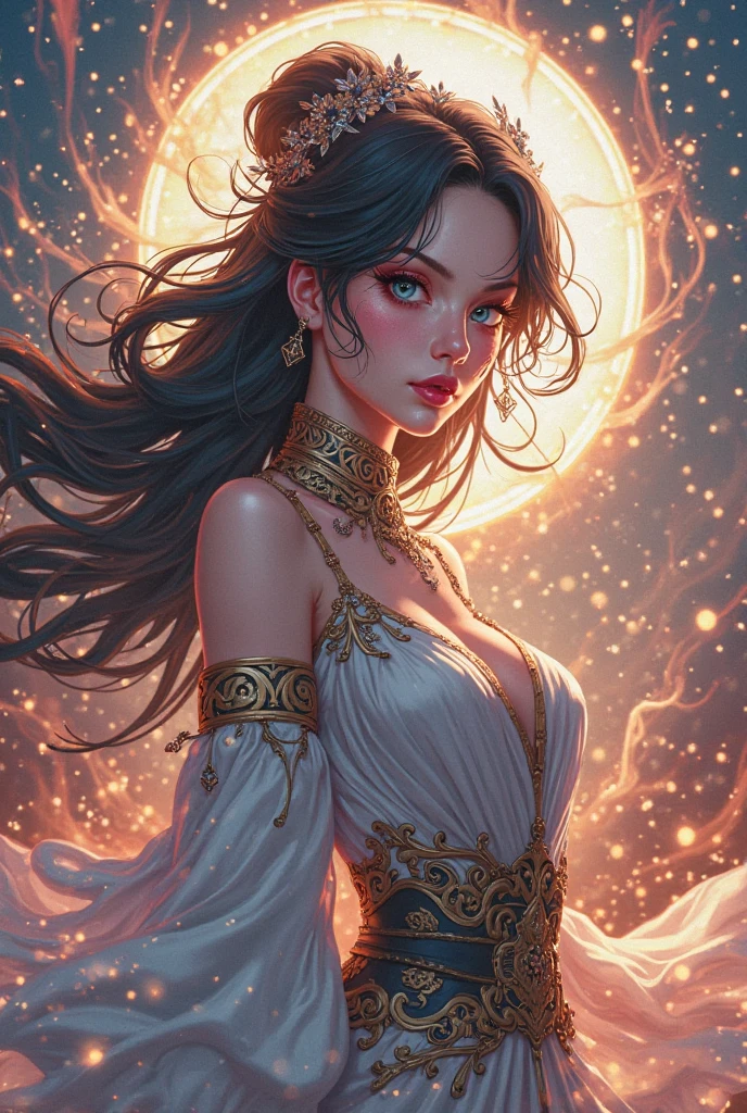 an awarded profesional photo of galGad1, as Evangeline: A star princess with skin that glimmers with the light of distant galaxies, and her eyes, like twinkling stars, hold the secrets of the universe. Her long, flowing hair, the color of the cosmos, cascades down her back and seems to glow with an otherworldly light. Evangeline possesses an ethereal and otherworldly form, with a celestial aura that radiates beauty and wisdom. She wears an elegant gown made from shimmering stardust and woven with constellations, representing her connection to the celestial plane. Her dress is accentuated with glowing wings that allow her to traverse between the mortal realm and the heavens. In her hand, she holds a celestial scepter, a conduit for her otherworldly powers., ultradetailed, intricated face,(face details:1.1),perfect eyes, ideal body posture,perfect body proportions, by jeremy mann, by sandra chevrier, by maciej kuciara,(masterpiece:1.2),(ultradetailed:1.1), ultrasharp, (perfect, body:1.1),(realistic:1.3),(real shadow:1.2),3photo Fujifilm XT3, ,(perfect body proportions:1.1)<lyco:GoodHands-beta2:1>, intricated hands,(by Michelangelo),(profesional lights:1.3) (profesional photography:1.3),in perfect background with intricated details - Frostfall Peaks: A frigid and snow-covered mountain range, home to massive glaciers and treacherous icy caverns. The mountains seem to sparkle under the moonlight., cowboy shot (character focus:1.1), depth of field, anatomically correct hand, perfect anatomy, ideal limbs, ideal arms, ideal hands