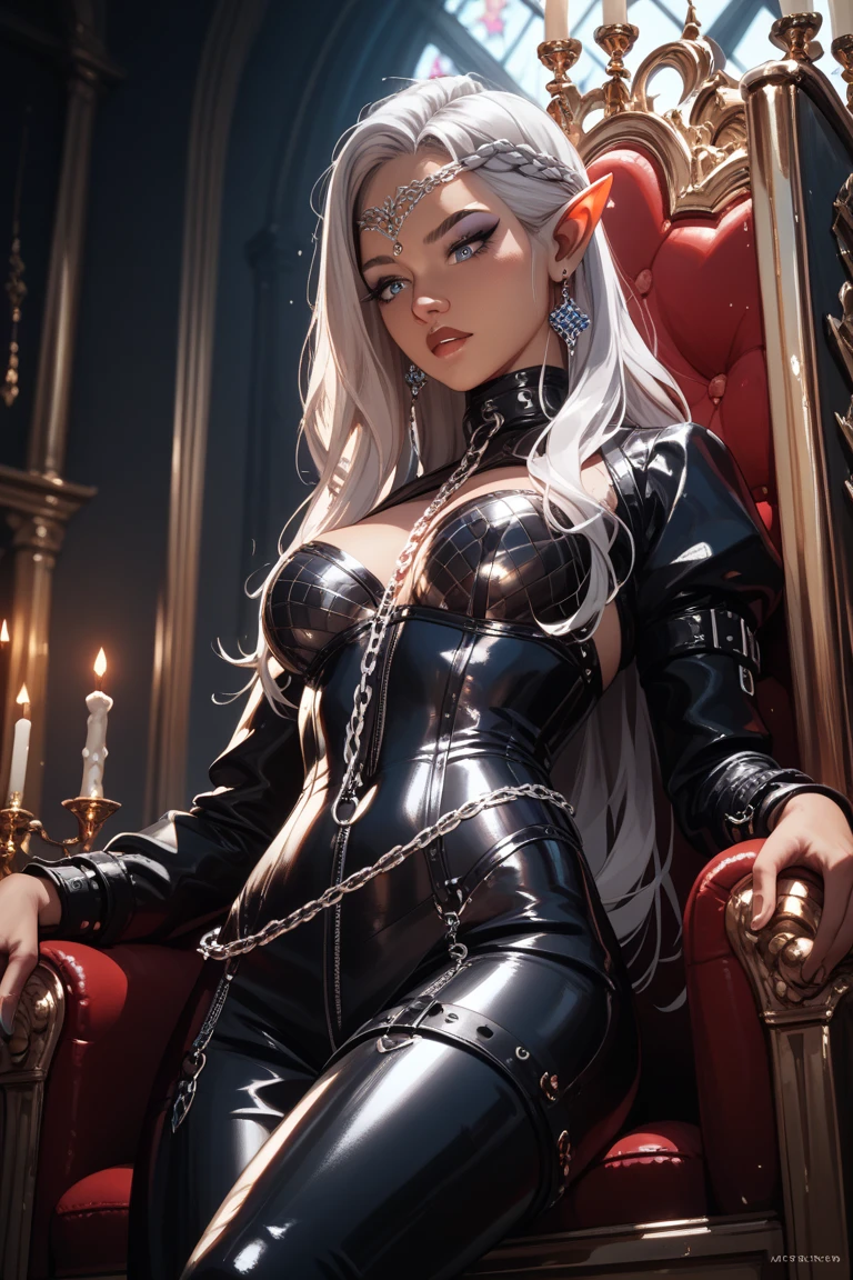 (Tabletop ,Highest quality,Very detailed), BDSM Theme,1 Absolutely Beautiful Women,Perfect figure,Large Breasts,Wide Hips,Tight waist,Long wavy silver hair,black shiny bustier,Black Thong,Black garter strap,black shiny long gloves,has a long whip,(Sitting Throne,Crossing your legs:1.2),Fine and beautiful eyes,Sparkling eyes,Glossy Lips, Dark basement, torture chamber,Perfect Anatomy , Five perfect fingers,Charm,Great illustrations、boots