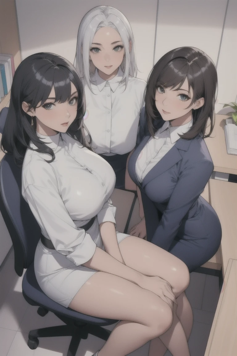 ((super high quality,))((Ultra-high resolution,))(16K,)(super masterpiece,)((Ultra HD ,))(Detailed shading,)Full body photo,Three sexy mothers,Sit side by side on the bed,Office Lady,((popped Tight collar White shirts,))Unbutton the third button,Black tight skirt,Glasses,blush,Ahegao,smile,Sweaty,Flowing Love Juice,