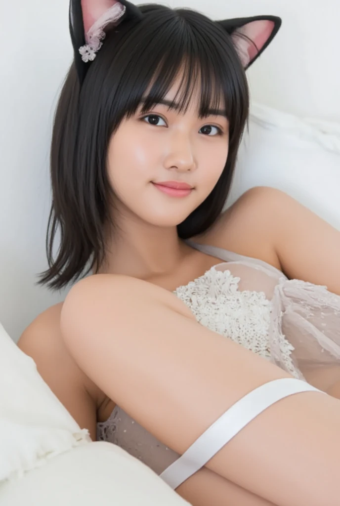 (((masterpiece))), (One beautiful Japan girl, classmates, landscape and innocence,kawaii) ,超A high resolution, Realistic, ultra-detailliert, 8K,top-quality, Extremely detailed, A slender,very beautiful japanese girl, Detailed face:1.3), (kawaii髪型,A dark-haired :1.4), (a baby face,kawaii系,adorable 14 year old girl), (Perfect body:1.1), Cute underwear、shyly smile,Super Detailed Face、Detailed lips、A detailed eye、small gravure idol,Transparent skin,Lori,beautiful thigh,(((lie down on the big double bed))),Shot from directly above,rosy cheeks,Cozy room, Happiness and joy、Soft lighting, cosy atmosphere, Pastel color palette, peaceful ambiance、faint room light,Beautiful and relaxing hotel room