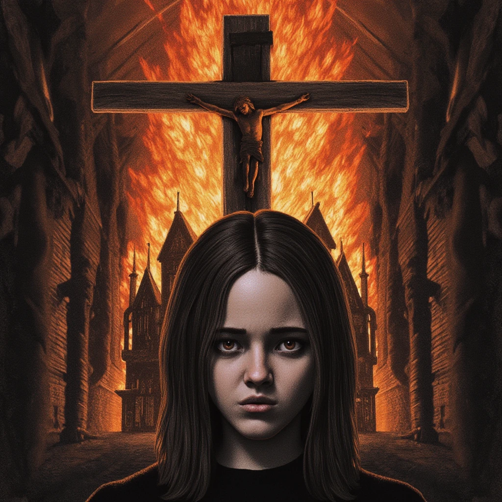 Um meio corpo, Portrait of 3 girls KIDS German long blonde hair TRAIDS 12 years, jaquetas couro vermelhas, holding in his hands a cross, a closeup of a cross with lightning sticking out of it, Power metal album cover, arte oficial, album art, official poster art, Naga-Tirr, metal album cover, Arte Promocional, album, arte chave, Arte Oficial HDR, Directed by: Ignacio Zuloaga, arca album cover, album cape, arte detalhada da capa, em um fundo escuro
