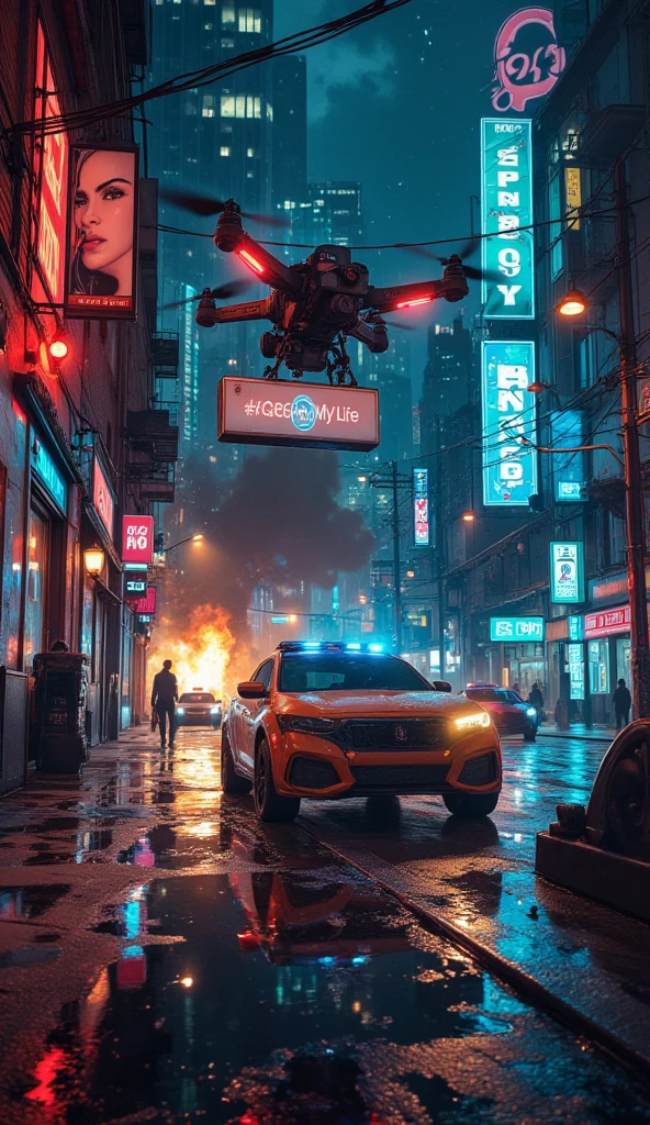At night, dark sky, aerial view of cyberpunk city, giant Moai-statue buildings, ((flying vehicle)). (1girl, solo), photo realistic, medium-breast:1.1 slim body, cleavage, sexy clothes, (black sunglasses), (((hip-up standing aiming pistol pose))), half-body thigh level medium shot, cinematic lighting.