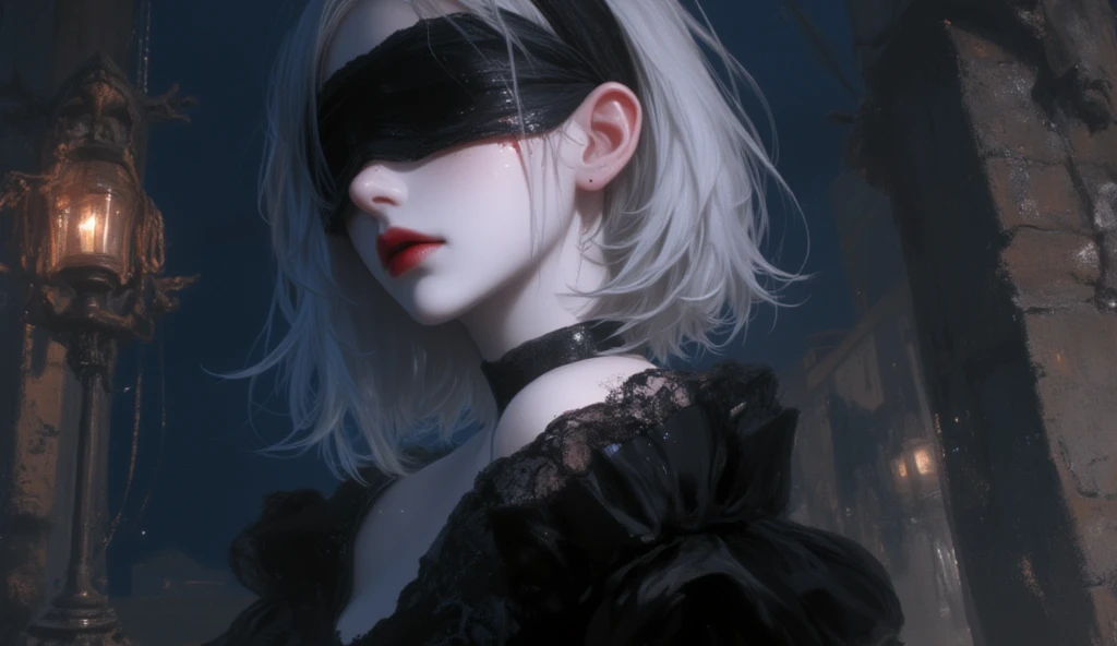 yorha no. 2 type b, 1girl, wlop, (blindfold), breasts, cleavage, cleavage cutout, clothing cutout, green background, hair between eyes, hairband, highres, juliet sleeves, long sleeves, School Days, kotonoha, makoto, sekai, puffy sleeves, red lips, shaded face, short hair, solo, turtleneck, upper body, white hair, sky