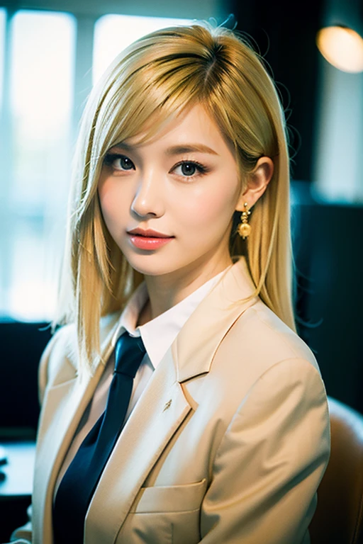 (masterpiece:1.2), ultra detailed, ultra high res, (realistic, photo realistic:1.37), high detail RAW color photo, professional photograph, an extremely delicate and beautiful, extremely detailed, 8k wallpaper, Amazing, finely detail, huge file size, extremely detailed beautiful girl, extremely detailed face, extremely detailed eyes, extremely detailed skin, extremely detailed fingers, extremely detailed nose, extremely detailed mouth, perfect anatomy, highly detailed background, (a famous actress of Japan), blond hair, ponytail, (Tanned skin), (gal make:1.4), (gyaru:1.3), Dynamic lighting, (dark blue blazer , red big ribbon, :1.2), (bedroom:1.1), sitting,