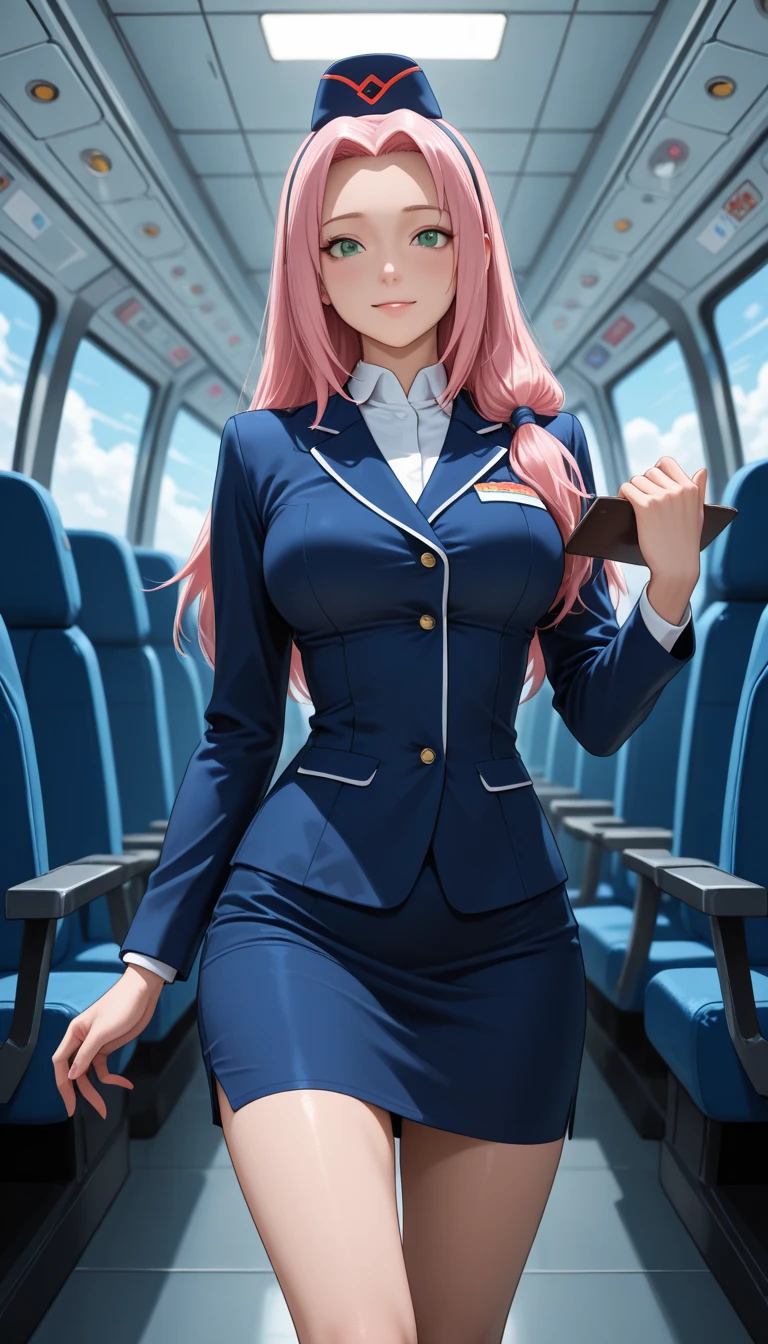 （（Best quality，8K，tmasterpiece：1.4））， Pink hair，Long braid on one side， Planes，Blue flight attendant uniform，Blue flight attendant hat， Delicate solid red bow tie，Black smooth skinny mini miniskirt，bared  chest，The chest is slightly larger，perfect body figure，Glossy glossy skin，Green eyes