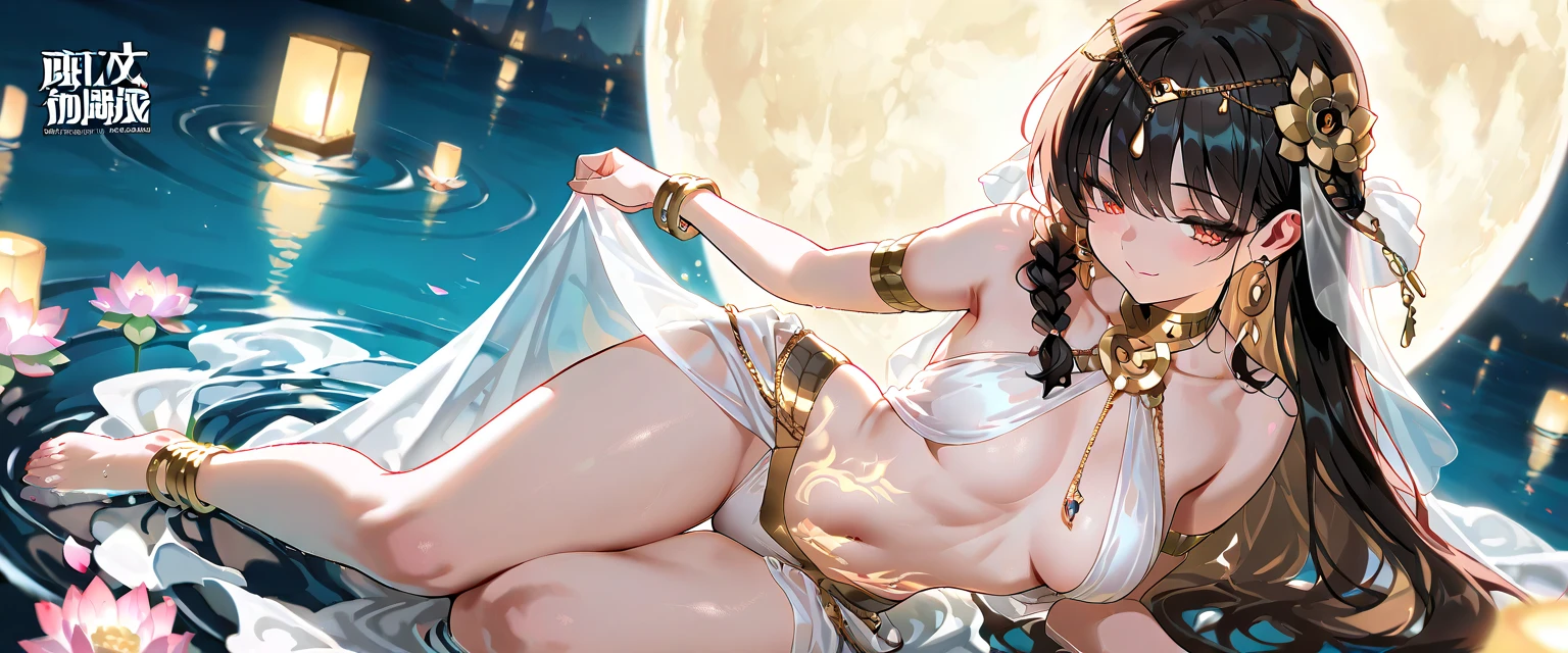 Walter Crane, Kiichi Okamoto, Surreal, mysterious, strange, fantastical, fantasy, sci-fi, Japanese anime, countless shining moons floating on the galactic sea, beautiful girl fishermen in a small boat, perfect voluminous body, detailed masterpiece hyper realistic sharp focus wet wet skin glistening sexy erotic see through transparent areola nipples cameltoe shapes 