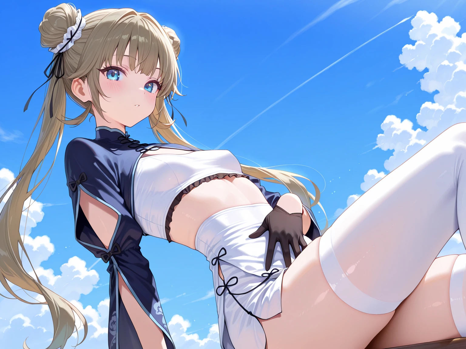 (busty girl), solo, (unexpected expression)(mouth open, (white jacket), (short pink t-shirt), narrow(white thong)(high-leg)(high-cut), (covered nipples), narrow constricted waist, (exposed belly)(belly button), Small hips, bare hips, (partially exposed)vulva(labia), (blond hair)buns(twintails), White ribbon, Dark Eyes, blue eyes, sunny metropolis, clitoris(crotch wedge)cameltoe