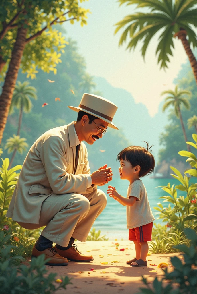 A 35-year-old man holding a 5-year-old child, Asian, handsome man, cute child, two people, shirt, seaside, sunny, blue sky and white clouds, sand, coconut trees, deep black hair, back to the camera, colorful, highly saturated, contour light, warm and bright, colorful, HD 8K, virtual engine, --v6