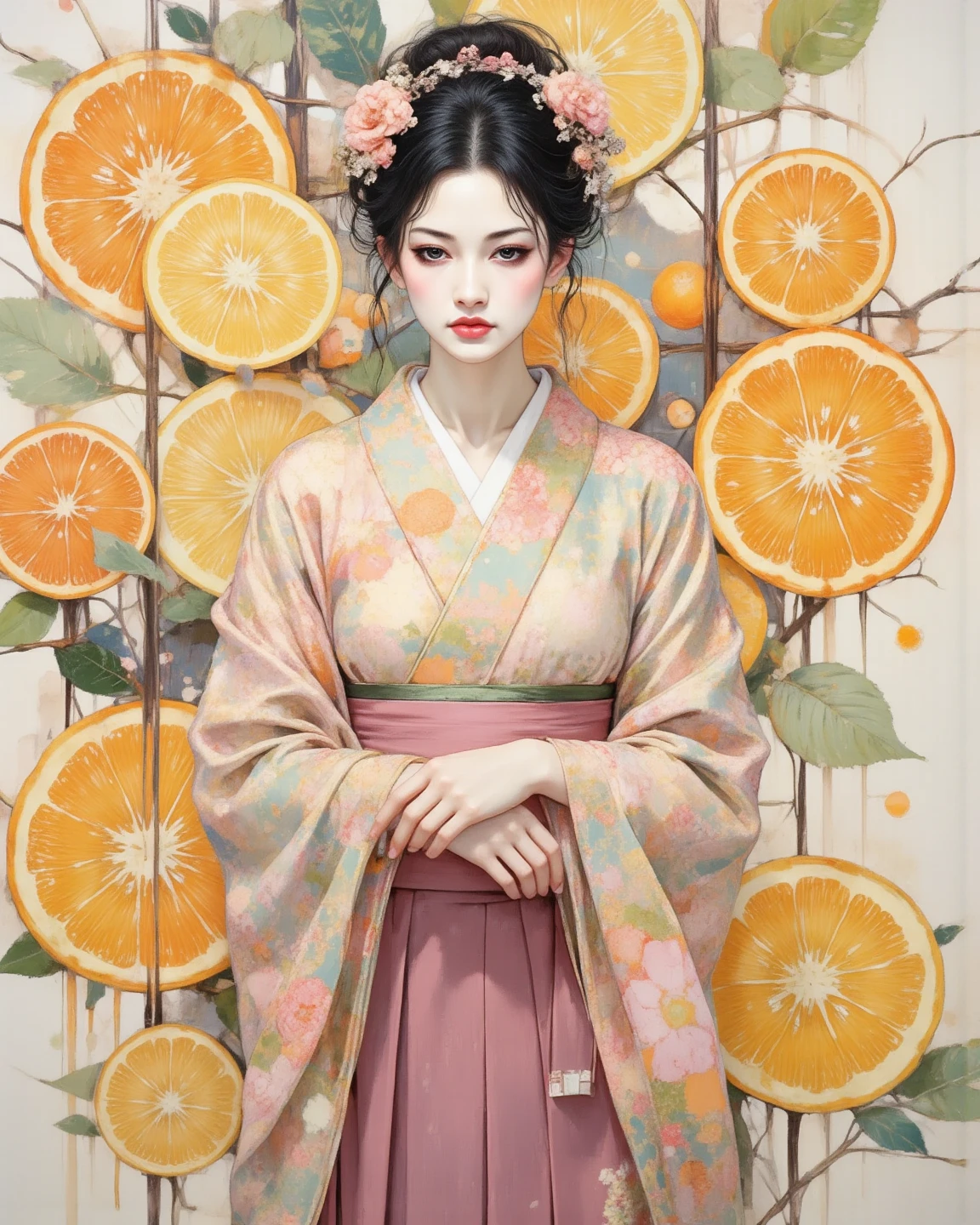 Standing woman wearing a delicate, realistic textured hakama、Arranged with orange slices in the background、High Resolution Realistic Illustrations、 delicate details without lighting、Soft Natural Light、Natural and sophisticated hues、Beautiful composition、PROFESSIONAL TOUCH、Highest Quality、masterpiece、