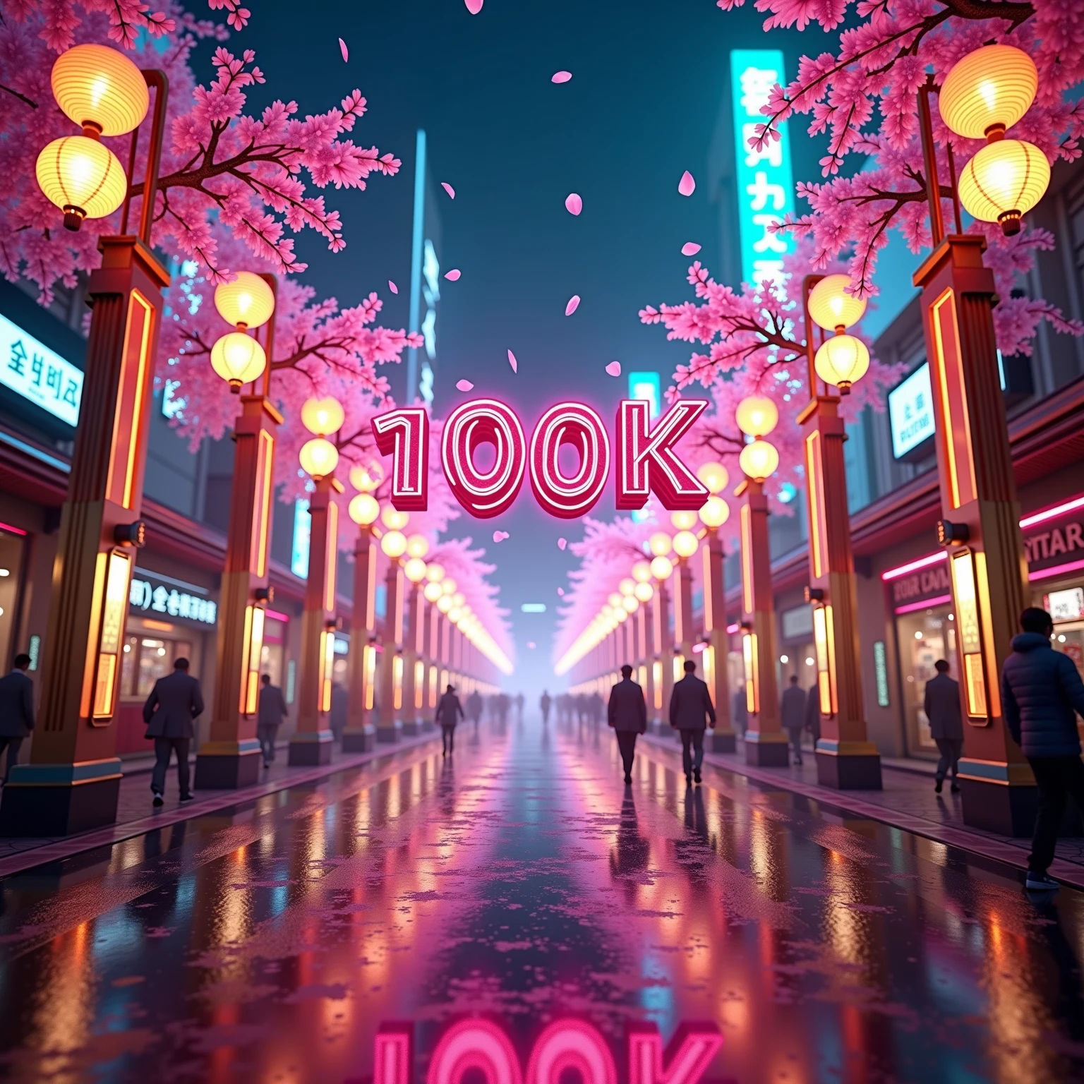 a luxurious vibrant neon-lit urban festival street scene reminiscent of bustling Tokyo nightlife framed by towering holographic advertisement boards and reflective rain-slicked pavement, digital art medium rendered as hyper-realistic cinematic science fiction CG composition featuring a central bold metallic 3D text reading “Thank you 100K good” with gold-gradient bevels and glowing pink neon outlines suspended at eye-level perspective in the middle of the frame, surrounded by swirling cherry blossom petals, holographic confetti, floating ornate paper lanterns, and pulsating LED light strips embedded in art-decor architectural columns, composition captured in an ultra-wide 16:9 panoramic shot with symmetrical leading lines formed by illuminated storefront signs and rooftop neon bars reflecting vibrant cyan, magenta, and amber hues onto the wet ground, lighting combining intense cold neon glows with warm golden lantern light and subtle magenta rim lighting casting dynamic volumetric fog shafts through misty air, color palette dominated by electric cyan, hot pink, radiant gold, deep indigo, and ambient lavender accents contrasted against sleek metallic surfaces and dark urban silhouettes, mood of opulent celebration, euphoric astonishment, and festive grandeur evoking a high-tech carnival atmosphere, ultra-high-definition 8K clarity with intricate textural detail of raindrop reflections, micro-fractured neon sign glitches, delicate petal textures, realistic volumetric rendering with global illumination, bloom effects, slight chromatic aberration, and fine filmic grain for cinematic authenticity simulated as a RAW full-frame sensor capture