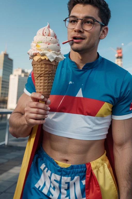 a handsome man holding cotton candy at a carnival in the shape of a heart, polaroid, high quality, 1950s vacation, 1950s hairstyle and clothes, blonde hair, wearing speedo