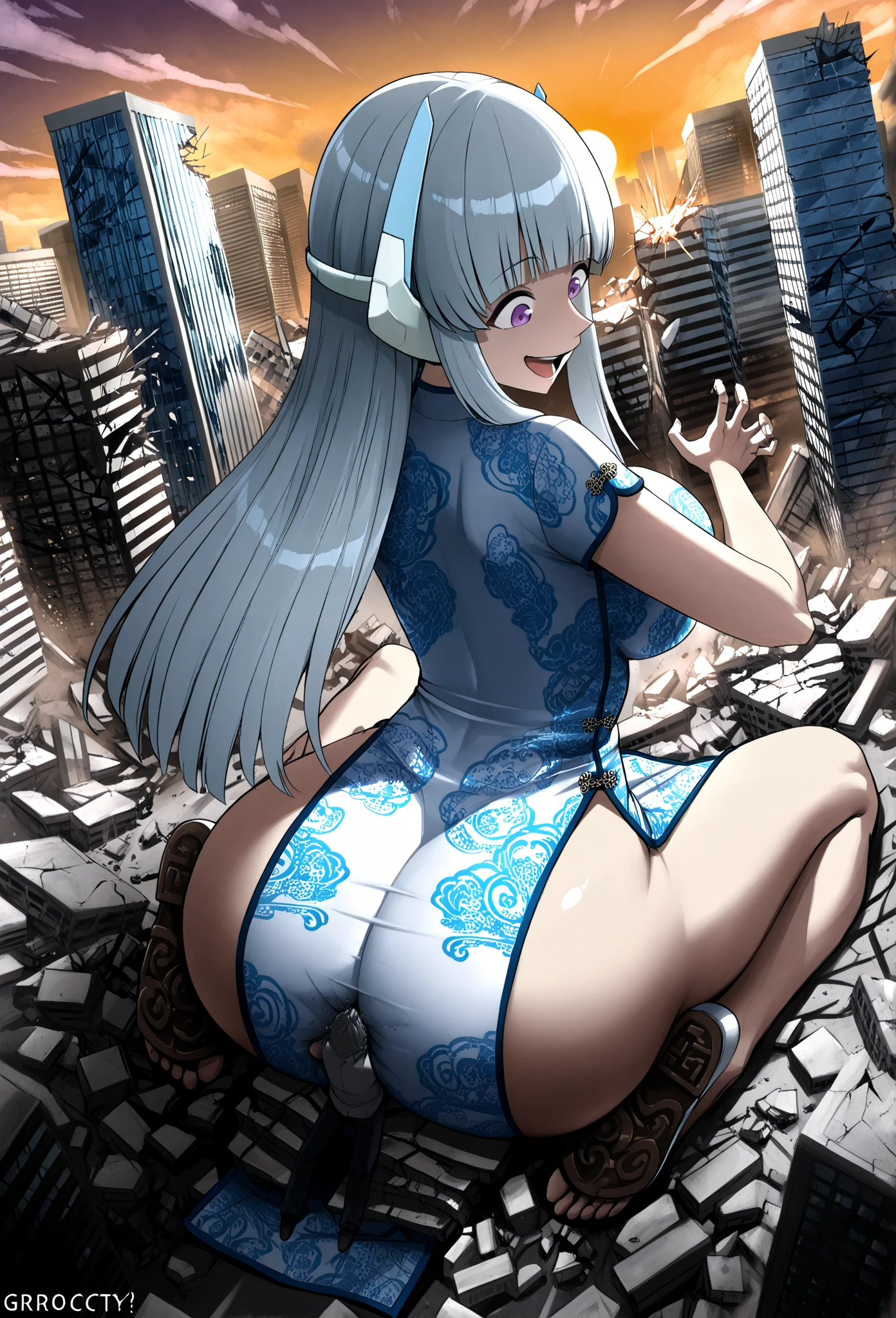(((takao_kantaicollection))) animestyle 90's giant girl on the road of the big city girl in female giant giant girl (((takao_kantaicollection))) Whole body Destroyed skyscrapers Destroyed cars Crowd Unreal Engine
