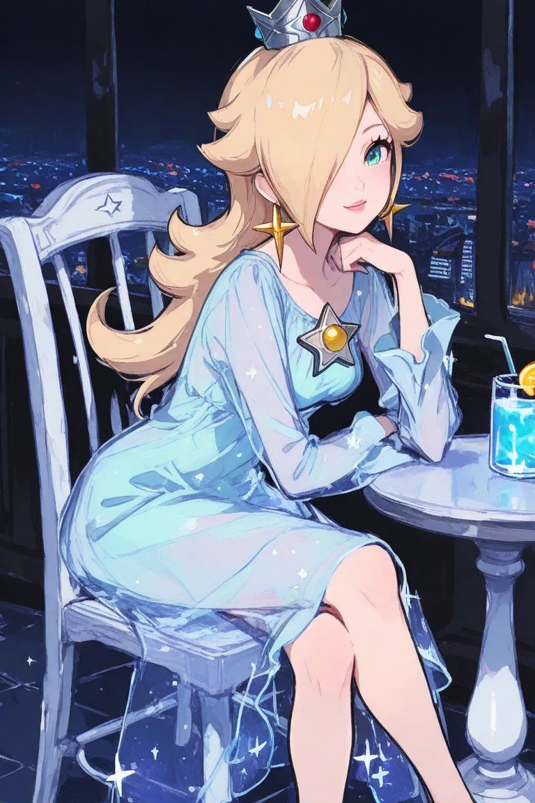 rosalina, platinum blonde hair, long hair, blue eyes, hair over one eye, earrings, silver crown, wearing a blue dress, long sleeves, bare shoulders, gem, looking at viewer, smiling, happy, blush,
sitting behind a small table, outside, garden, drinking a glass of red wine, night time, stars and galaxies sky,romantic ambiance, extreme detail, masterpiece,  <lora:rosalina-lora-nochekaiser:.7>