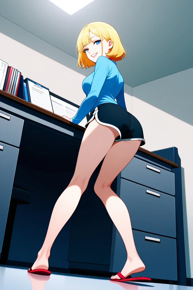 Momoko Koigakubo, a tall girl with beautiful legs, is wearing white gym clothes and light navy blue bloomers that look like panties, and is standing with her legs spread wide and leaning her body against the desk behind her, smiling.。Angle from below。