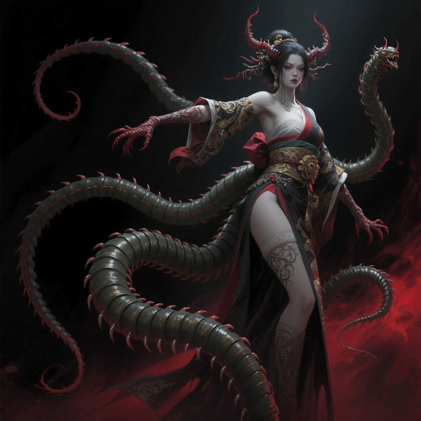Chinese woman in bikini，With a demon head on his head, Look at the ghost，Sexy figure，Face details，rich details​，Dark details，The ghost body is atomized，Hmong style tattoos，Red Devil's Eye，background detail