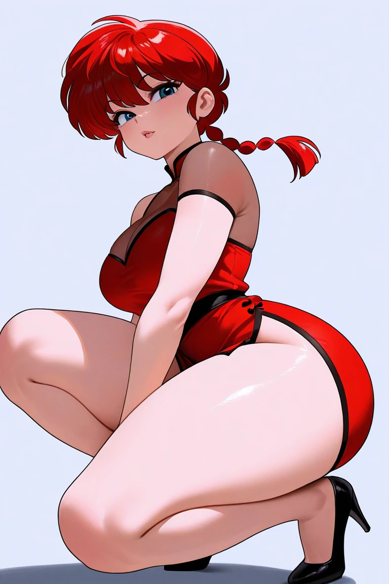 (8k, RAW photo, best quality, masterpiece:1.2), RanmaChan, RanmaRedShirt, red panty, turn back, show her butt