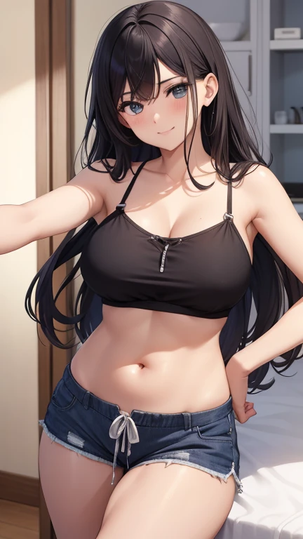 ((Best Quality, 8k, Masterpiece: 1.3)), Full Body, Focus Clear: 1.2, Outstanding Style: 1.4, Slender Abs: 1.2, ((Black Hair, Big: 1.2)), Black Tank Top, Highly Detailed Face and Skin Texture, Detailed Eyes, Double Eyelids