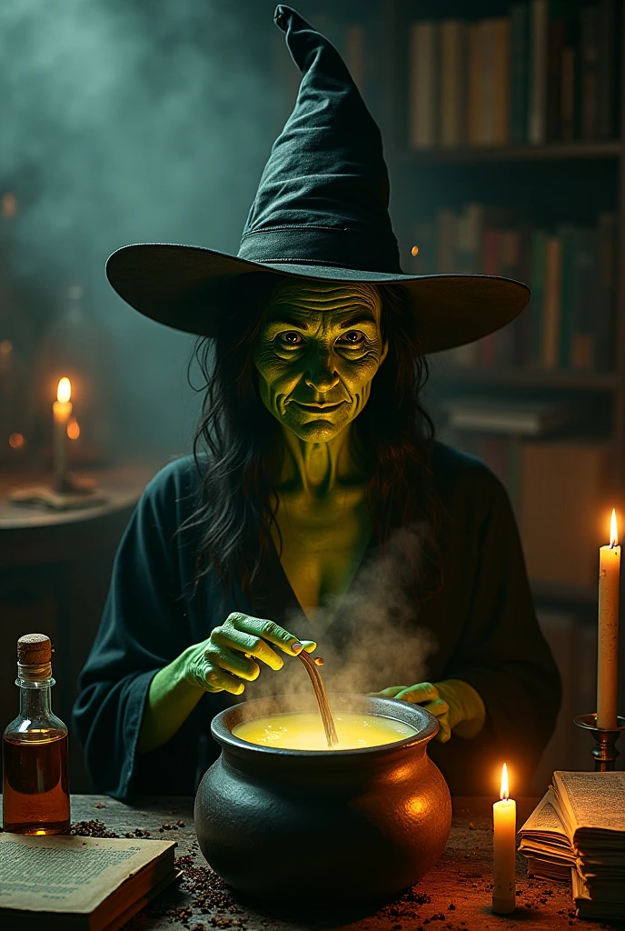 A female witch with a green coloured face sitting in front of a big black cauldron, steam coming from cauldron, she is smiling, evil smile