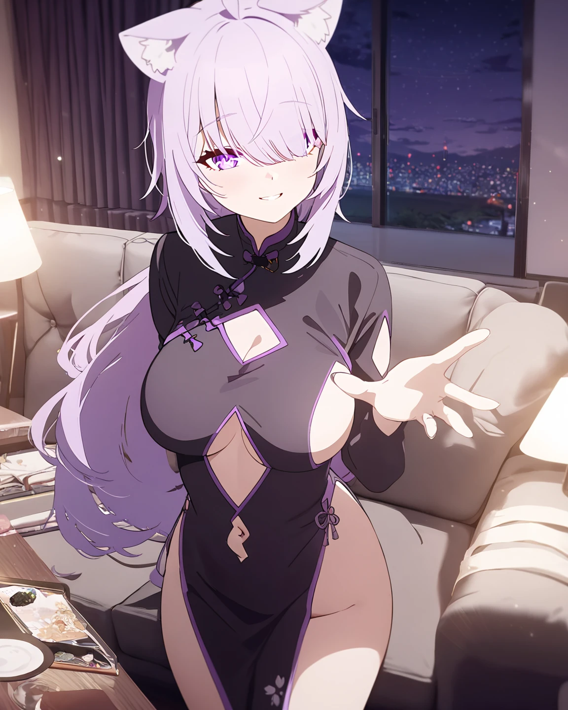 Wolf Girl, Large Breasts, voluminous purple hair, masterpiece , Red eyes, hd, Head to Chest, buried in my chest、Underboobs、Double teeth,, On the bed、Thick thighs、Black and white striped bikini