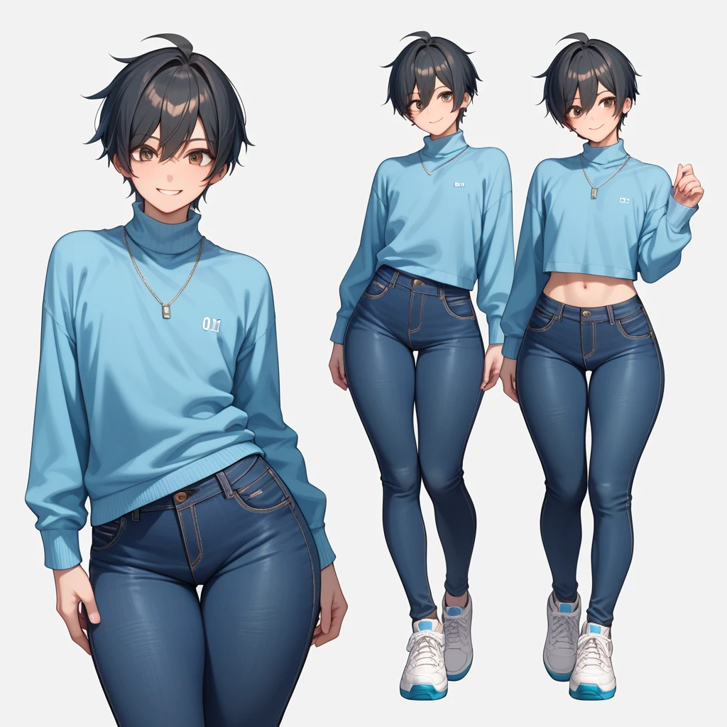 A girl halfway in transforming into a boy, scared look, boy variants of clothing