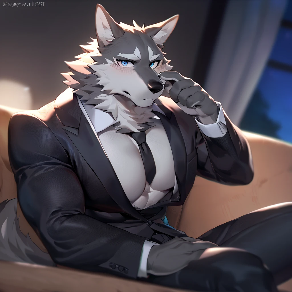 Huge muscles,Huge penis,Devilish wings,Devilish horns,Clear liquid dripping from penis,CAT NOIR in a suit,