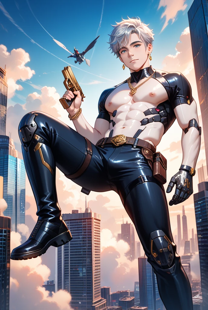 Male Character. He is a Zombie. He has black hair. He has a short Mohawk hairstyle. He has glowing, light blue eyes. He is well built. He is tall.