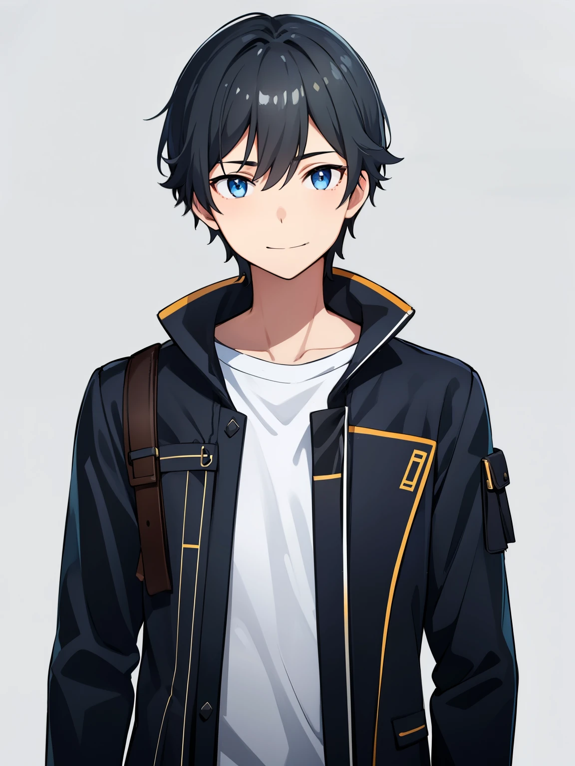 (high-quality, breathtaking),(expressive eyes, perfect face), symmetrical eyes, 1boy, solo, medium length hair, black hair, blue eyes, kind, jacket, jeans, portrait, simple background, calm expression, small smile, caelus, standing straight,
