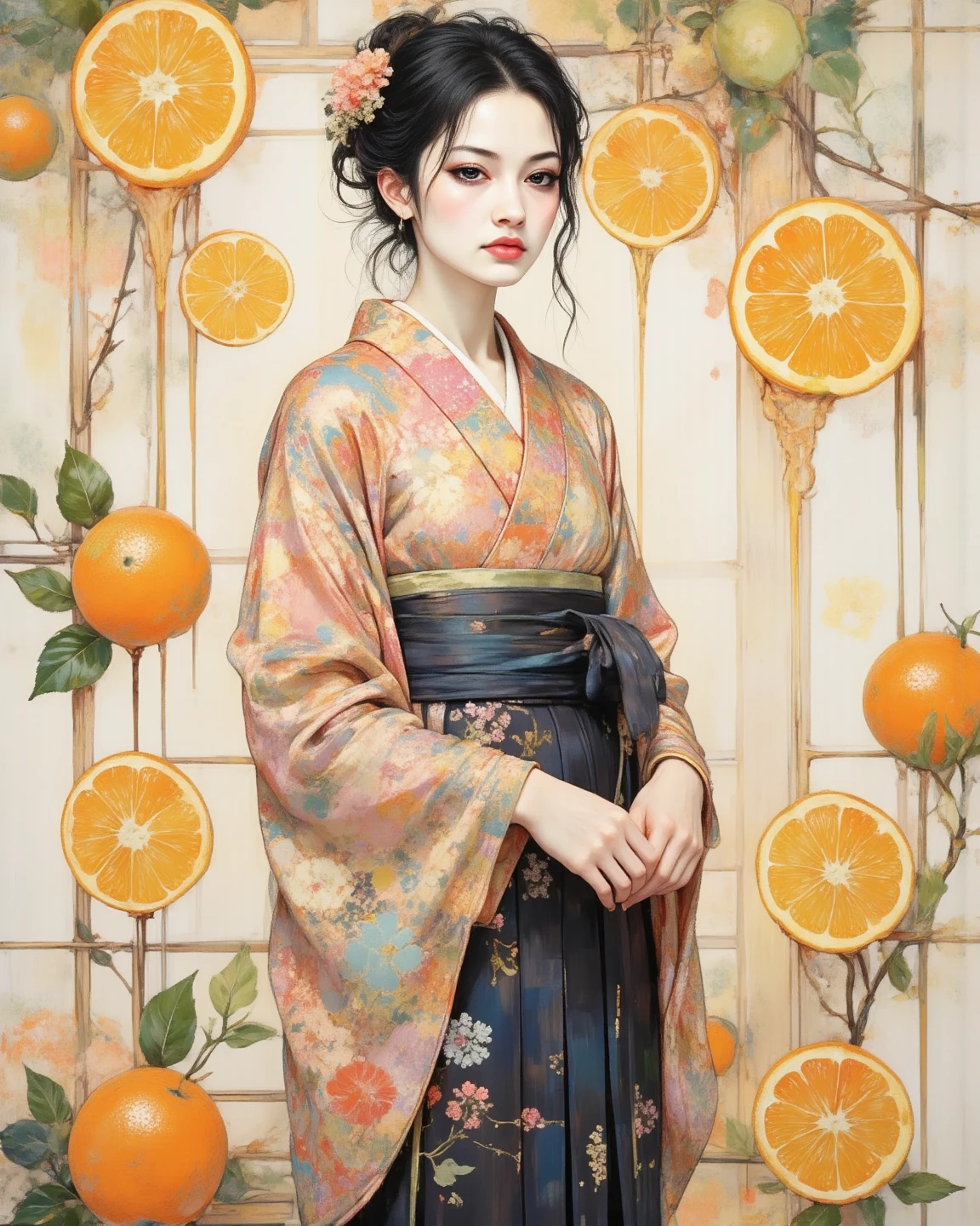 Standing woman wearing a delicate, realistic textured hakama、Arranged with orange slices in the background、High Resolution Realistic Illustrations、 delicate details without lighting、Soft Natural Light、Natural and sophisticated hues、Beautiful composition、PROFESSIONAL TOUCH、Highest Quality、masterpiece、