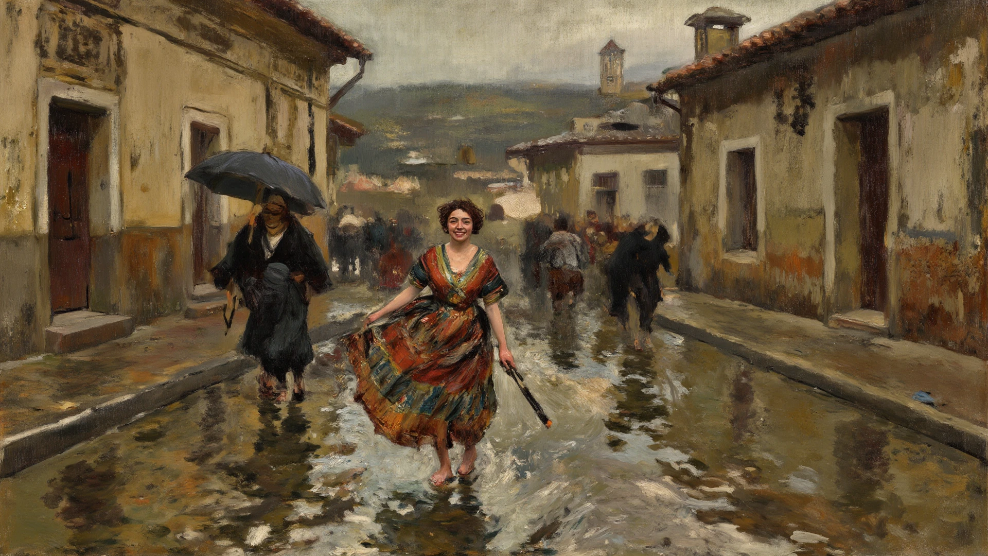 wetshirt, woman standing in a downpour, european village, dirndl dress, (by Steve McCurry, by Alessio Albi, by Lee Jeffries, by Herb Ritts, by Jeremy Mann:0.8), black hair, updo, close-up, leaning against wall, cobblestone, rain, street, bokeh, red ribbons, wetshirt,