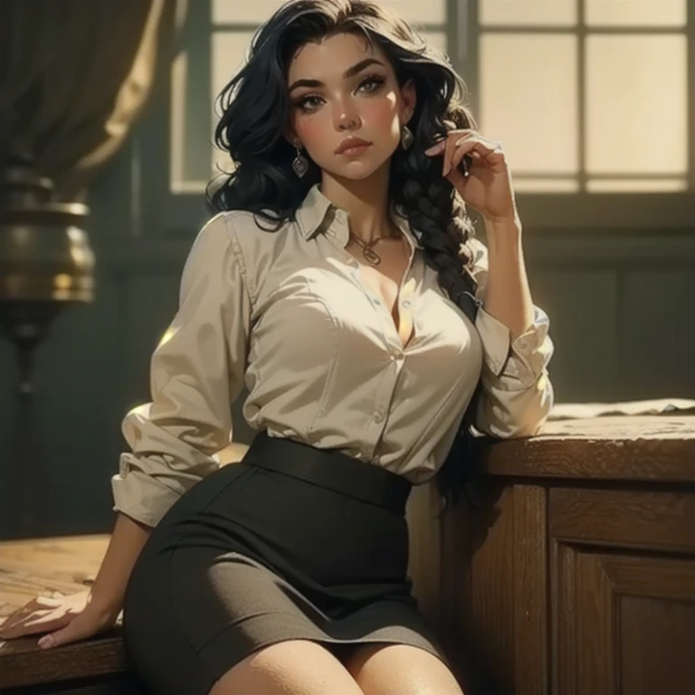 A photo of Chthonia Lakshmi, 30 year old woman, black hair with bangs, clear blue eyes, wearing short skirt, black tights, social shirt, earrings, glasses, high heels, light makeup, Lifting her skirt for the camera  (best quality,4k,8k,highres,masterpiece:1.2),ultra-detailed,(realistic,photorealistic,photo-realistic:1.37),portrait,photorealistic,hyper realistic,warm lighting,soft focus,cinematic lighting,detailed facial features,highly detailed skin texture,intricate folds in clothing,beautiful (detailed eyes),beautiful detailed lips,extremely detailed eyes and face,long eyelashes,vibrant colors,cinematic composition, bulge