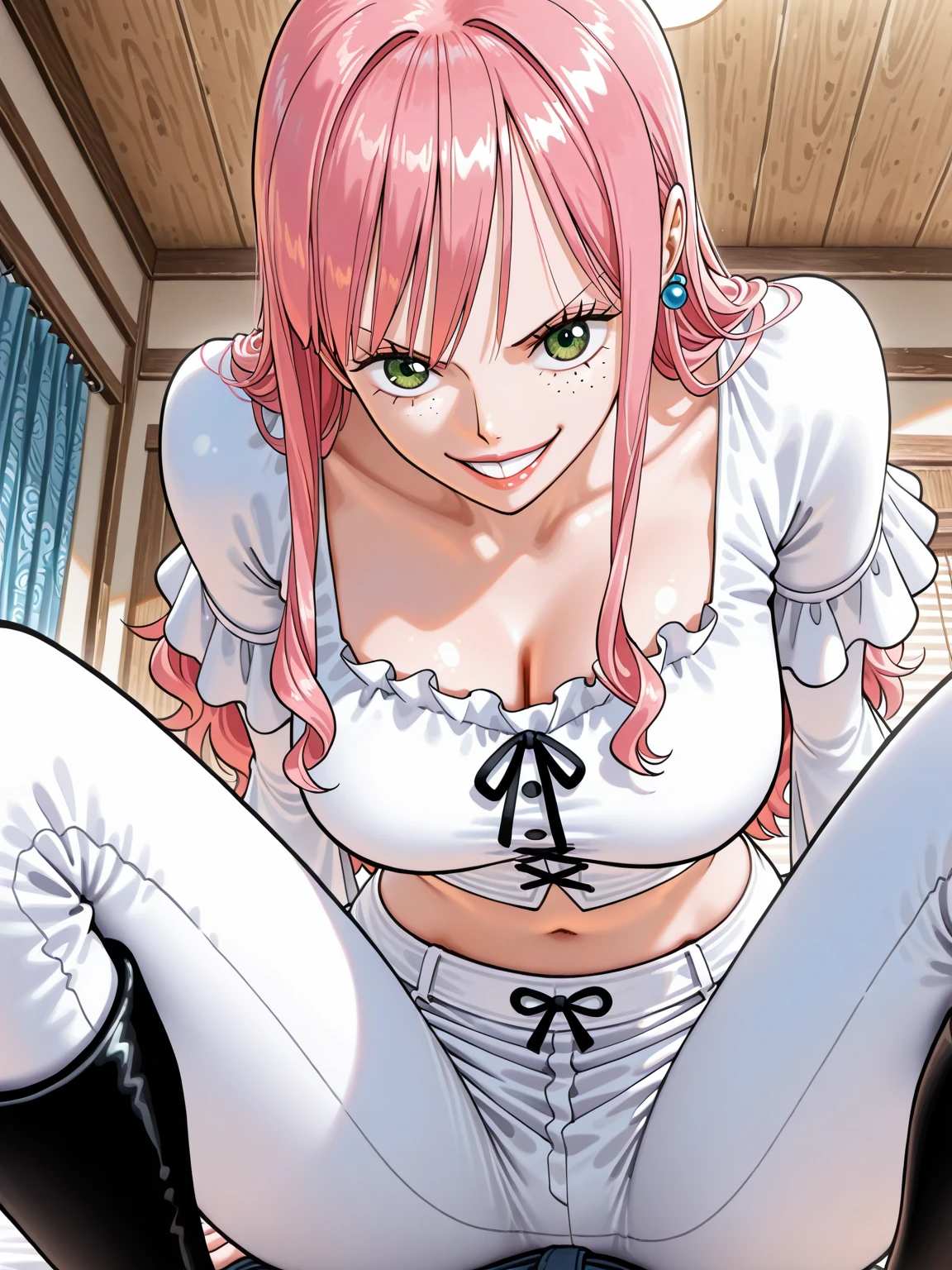 (((masterpiece))), (((best quality))), ((ultra-detailed)), (highly detailed CG illustration), Boa Hancock, (nsfw:1.5), (masterpiece:1.5), Detailed Photo, Sexy, (Best Quality: 1.4), (1girl), Beautiful Face, (Pink Hair, short Hair: 1.3), Beautiful Hairstyle, beautiful detail eyes, (realistic skin), beautiful skin, absurd, attractive, ultra high resolution, high definition, (sexually aroused:1.5), Pinkish white skin, cool white light, sexy pose, Beautiful , white background, pink soft white light, Wear a white tank top, (bukkake:1.8), (lying on bed:1.5)