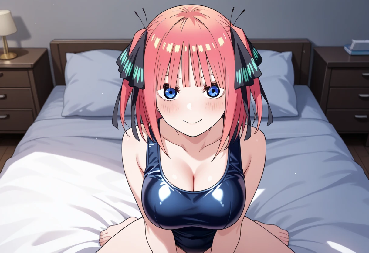 best quality, insanely detailed, nino nakano, breasts, blush, bedroom background, looking at viewer, cheerful eyes,arousal, one-piece swimsuit, old school swimsuit