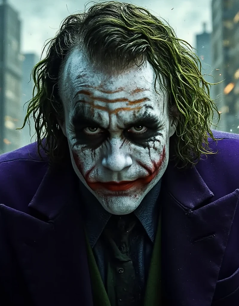 ((JOKER)), (scary), (Evil smile), ((rainy weather))، ((Legendary glowing effects)), ((Thunder and lightning in the background)), Paranoia, (A sharp and strong smile)