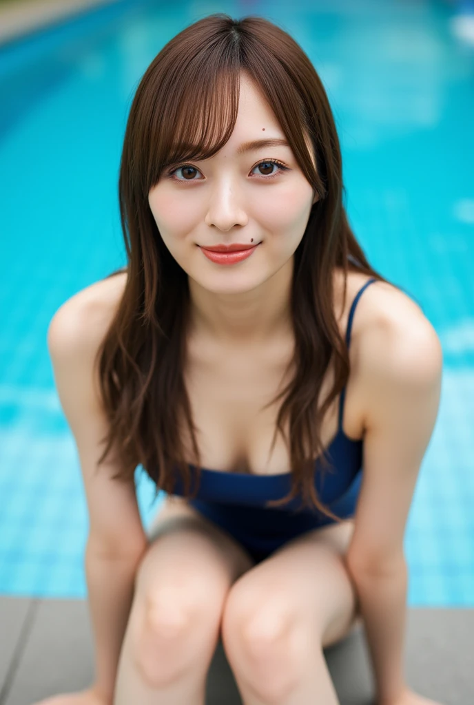 bikini、Big Breasts、Medium brown hair、2 gravure idol、Shiny, oily skin、Glowing Skin、Indoor competition pool、 look、Sexy pose