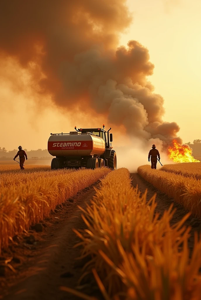 A fire in a soybean plantation and tractors trying to put it out with water 