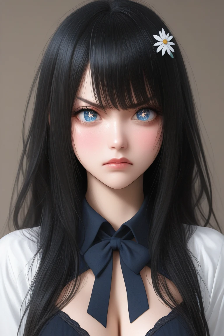 best quality, masterpiece, black hair, blue eyes, looking up, upper body
