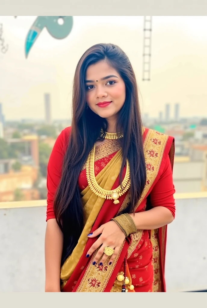 a close up of a woman wearing a red and orange sari, traditional beauty, assamese aesthetic, with lovely look, inspired by T. K. Padmini, traditional makeup, indian girl with brown skin, wearing a steampunk sari, with professional makeup, dressed in a sari, wearing bihu dress mekhela sador, indian, indian style, wearing a sari